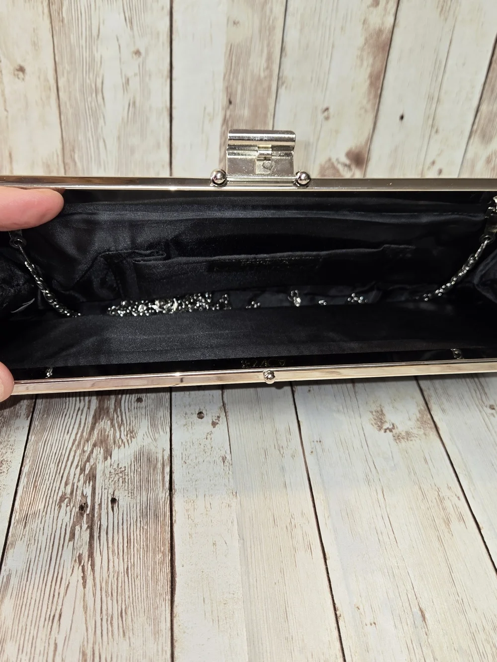 Jessica McClintock Black Satin Clutch Silver Chain Strap Evening Bag